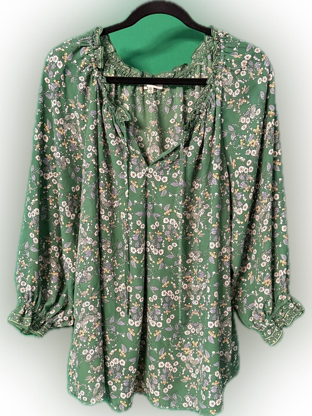Max Studio Green Floral Ruffled V-Neck Blouse